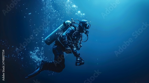 Scuba Diver in the Deep Blue Ocean Night