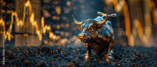 Symbol of Market Strength: Golden Bull and Stock Chart, Golden Bull Market: Financial Growth and Stock Trends, Crypto currency, Finance Background cover banner Copy space ultrawide 7:3  photo