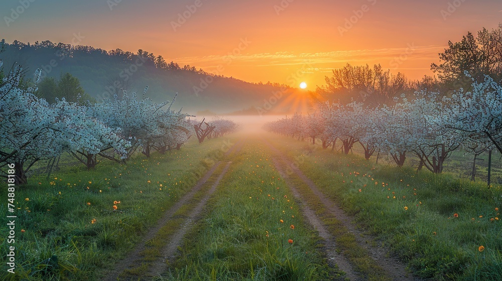 Spring Sunrise Over Blooming Orchard

