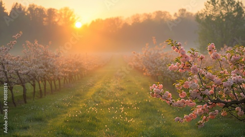 Spring Sunrise Over Blooming Orchard