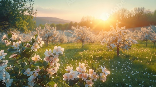 Spring Sunrise Over Blooming Orchard