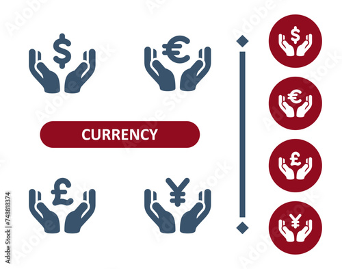 Currency icons. Dollar, euro, pound, pound sterling, yen, yuan, hand, hands, donation icon