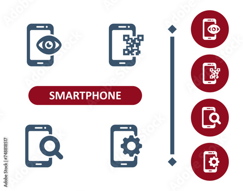 Smartphone Icons. Mobile Phone, Telephone, Eye, Spyware, QR Code, Magnifier, Magnifying Glass, Cog, Gear Icon