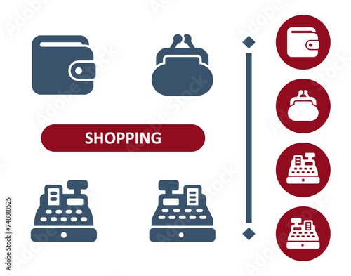 Shopping icons. Retail, commerce, wallet, change purse, coin purse, cash register, till icon