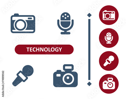 Technology icons. Device, camera, microphone, podcast, DSLR camera icon