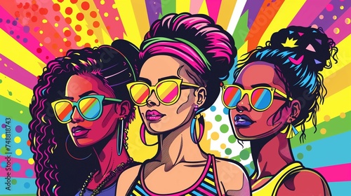 Retro Style Women in Colorful Sunglasses - Iconic Fashion Illustration, Ideal for Pride Month. LGBTQ