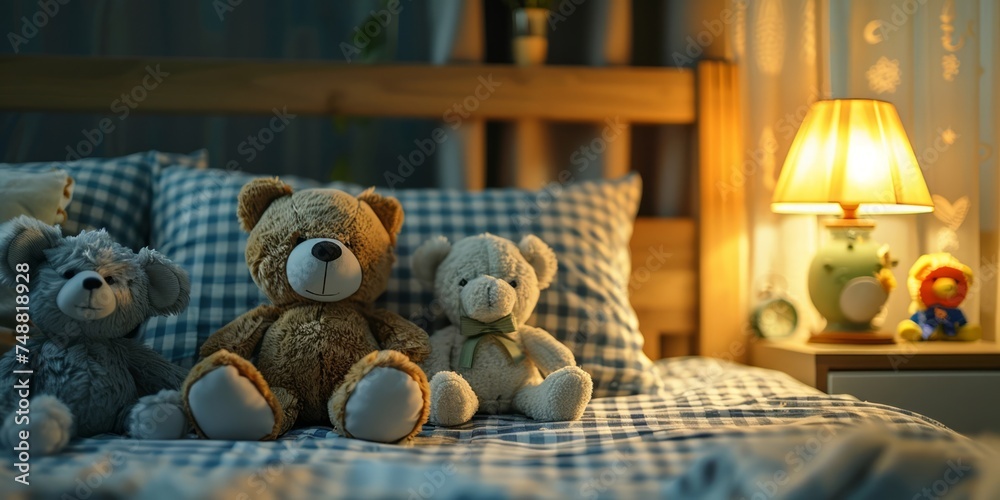 Gathering of stuffed animals on a cozy gingham bedspread creates a heartwarming childhood scene