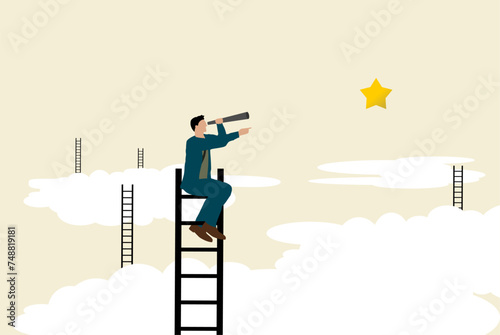 Vektor Darstellung Leitern mit Personen über den Wolken mit Stern - Suche Personalsuche und Karriere - Partnersuche - Suchen und Finden