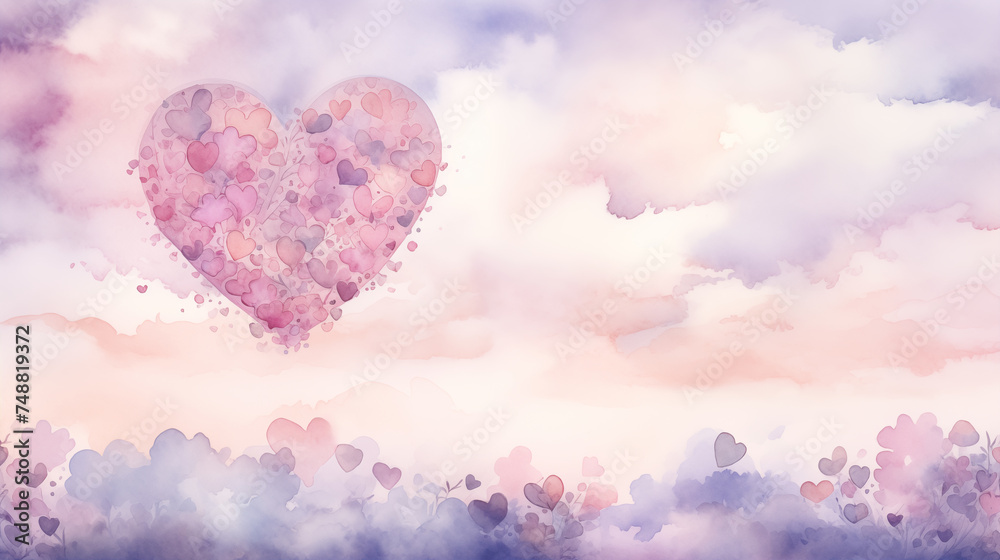 Watercolor sky with heart-shaped balloons Watercolor sky with heart-shaped balloons