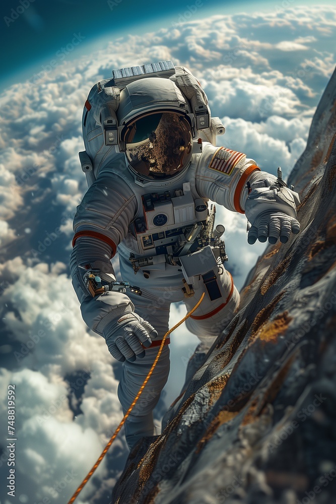 Astronaut Tethered to Spaceship, Earth's Majestic Backdrop Astronaut Tethered to Spaceship, Earth's Majestic Backdrop