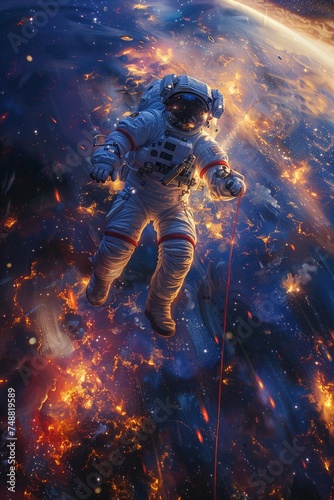 Astronaut Tethered to Spaceship, Earth's Majestic Backdrop © yevgeniya131988
