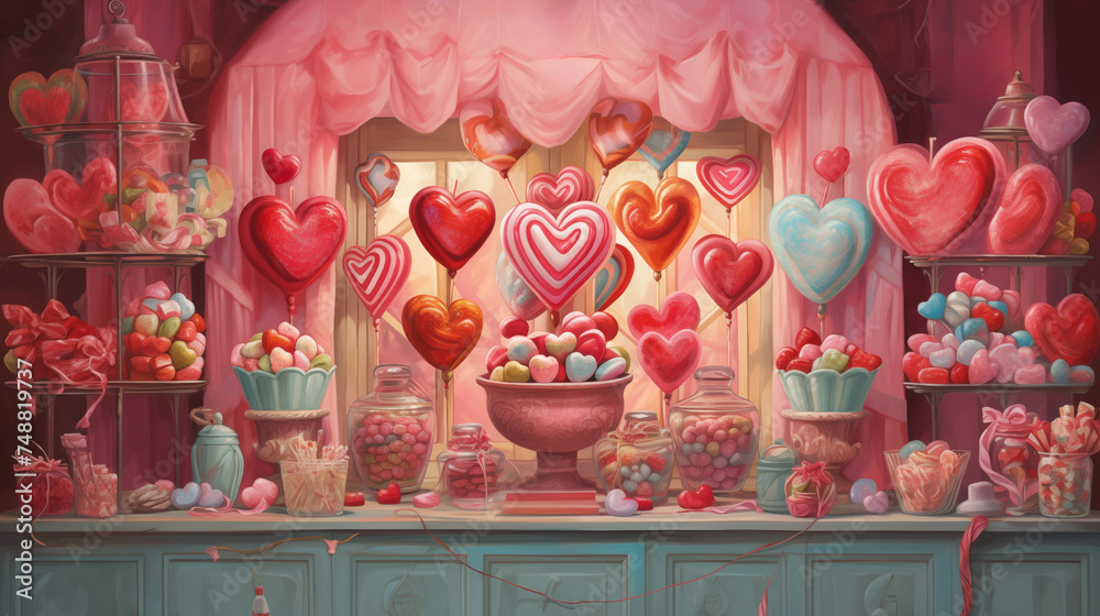 Candy shop wonderland with heart-shaped treats