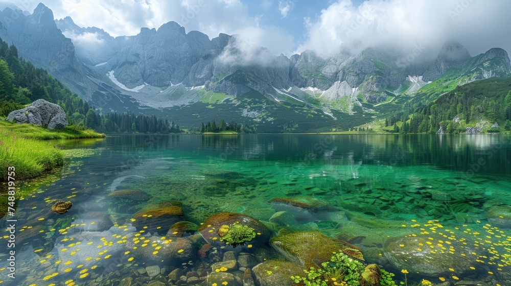 A crystal clear mountain lake with green grass and mountains around and cloudy sky.