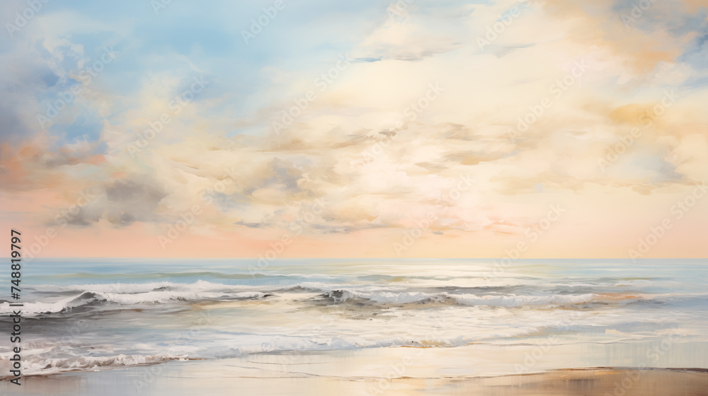 Oil painting of serene waves and clouds at dusk