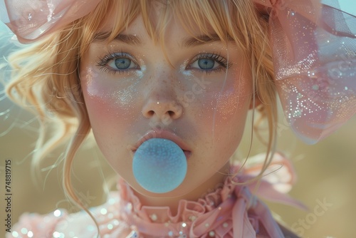 Portrait of Young Woman with Big Bow, Blowing Blue Bubble Gum in Shimmery Dress