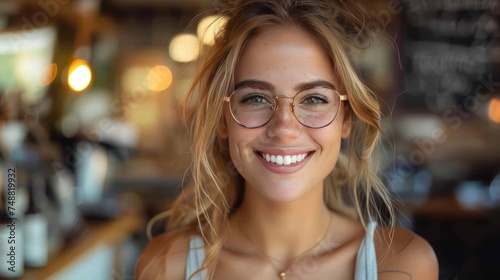 Portrait of smiling pretty young business woman in glasses sitting
