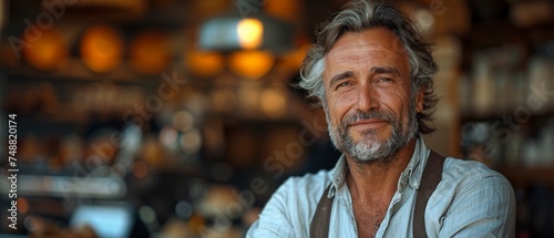 A smiling confident older adult European standing outside his own cafe looking away and dreaming. Old senior business portrait.