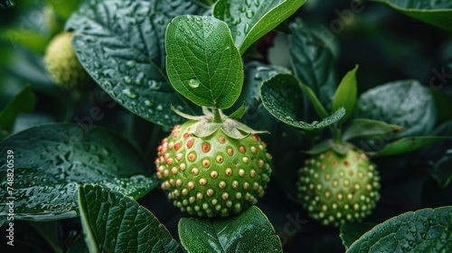 A Himalayan strawberry tree fruit in amongst fresh green leaves.