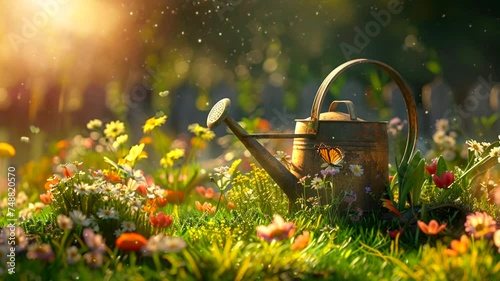 Scene of various kinds of flowers in the garden with a blurry background, animated virtual repeating seamless 4k	 photo