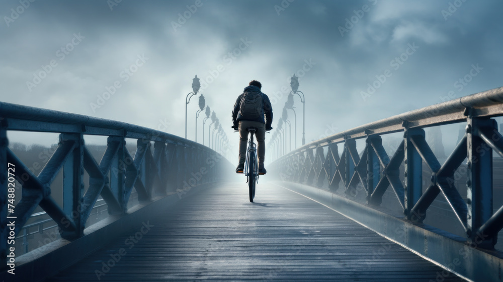 silhouette of biker on Bridge fog time
