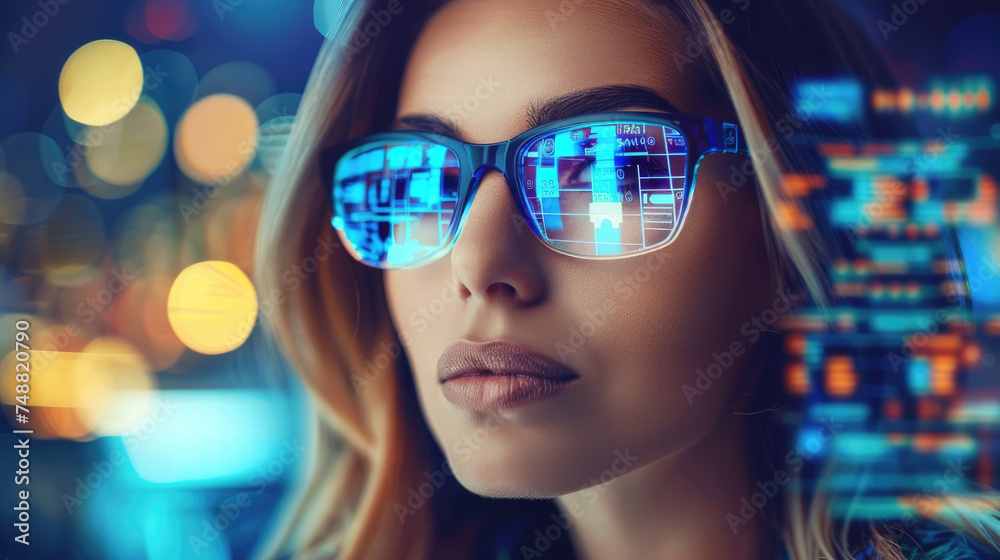 A woman stands in front of a cityscape, wearing stylish mirrored sunglasses. The reflective lenses show the urban skyline behind her A woman stands in front of a cityscape, wearing stylish mirrored sunglasses. The reflective lenses show the urban skyline behind her