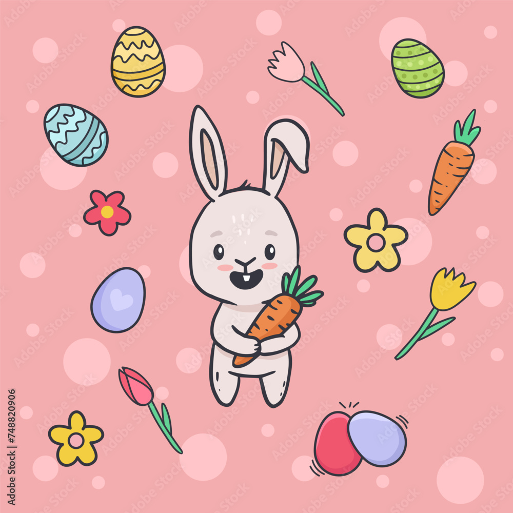 easter bunny with eggs. Cute cartoon rabbit. Doodle style. Card for easter and spring. Vector illustration