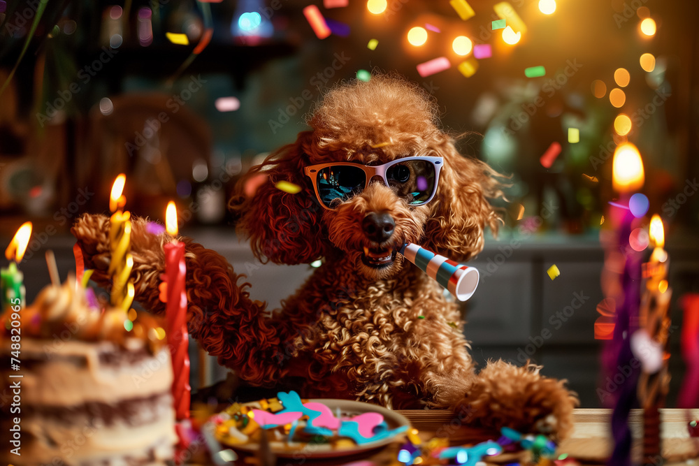 Poodle dog celebrating birthday with party hat and cake
