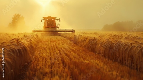 a farmer driving a combine harvester through a field of ripe golden barley, the vastness of the field and the farmer's focused expression as they work amidst the abundant harvest.