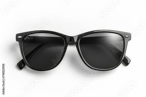 An isolated top view of a pair of cool sunglasses with a black plastic frame on a white background.