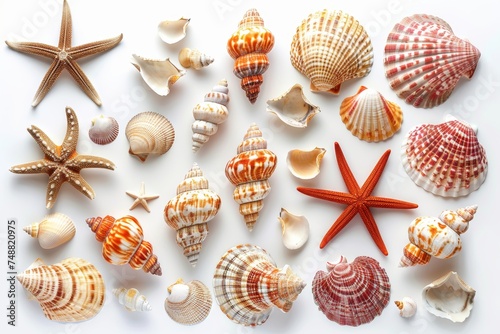 Sea shell composition and starfish on white background. Top view.