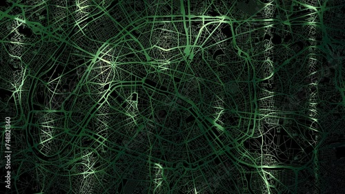 Zoom in road map of Paris France with green glowing roads on a black background.