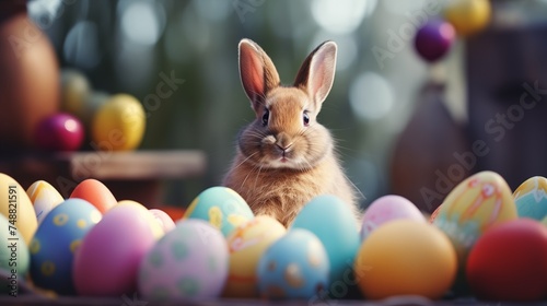 durable Easter bunny surrounded by colorful eggs in a charming springtime garden  captured in high-definition detail