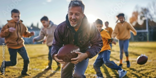 coach trains children in American football Generative AI