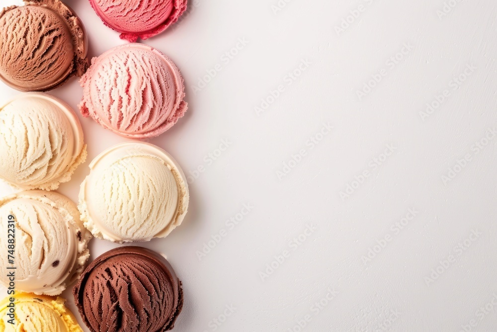 Captivating aerial shot of a variety of refreshing ice creams perfectly positioned for copy space.