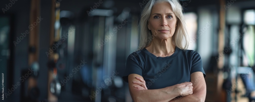 an elderly woman in the gym crossed her arms over her chest Generative AI