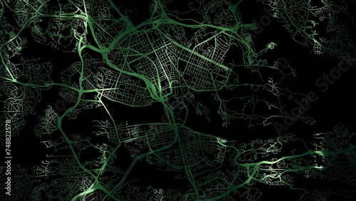 Zoom in road map of Stockholm Sweden with green glowing roads on a black background.