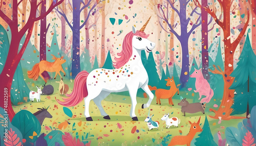an illustration of a unicorn in the forest. april fools day greeting card background © David Angkawijaya