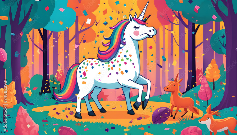 an illustration of a unicorn in the forest. april fools day greeting card background an illustration of a unicorn in the forest. april fools day greeting card background