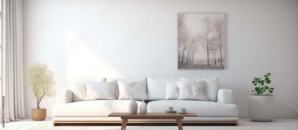 A white couch and a coffee table are the focal points in this ... - Minimalist White Living Room With Waterproof Console Table