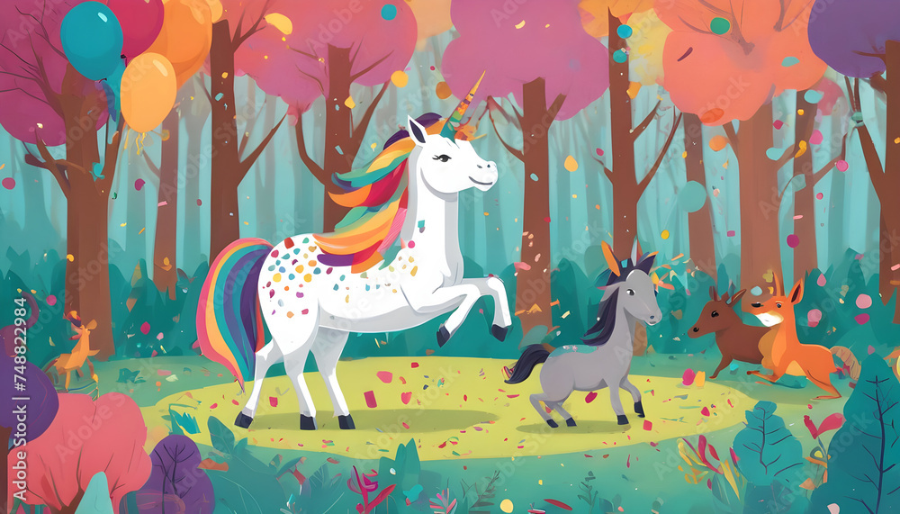 Obraz premium a cartoon unicorn and other animals in the forest. april fools day greeting card background