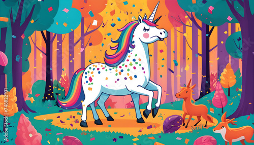 an illustration of a unicorn in the forest. april fools day greeting card background