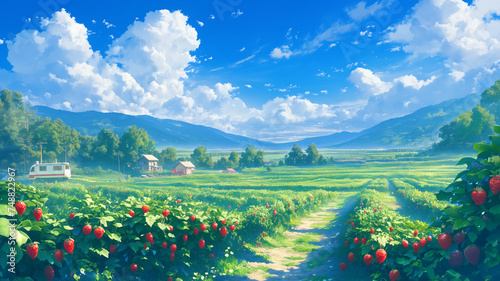 Anime image featuring a strawberry field in the morning amidst misty valleys and warm sunshine in Asia.