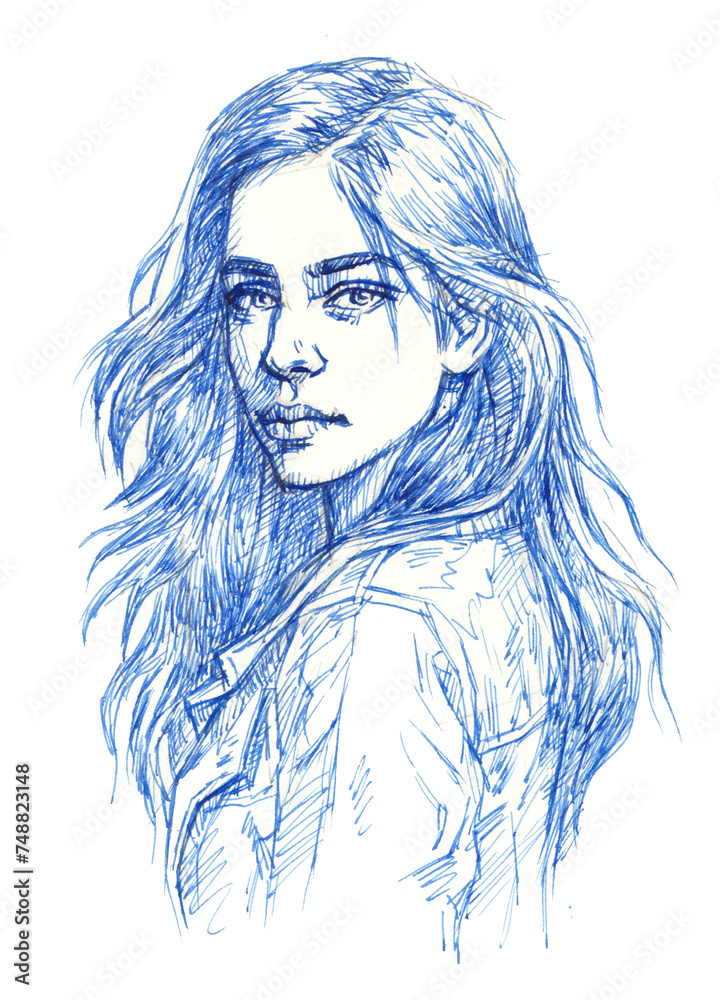 Fototapeta premium portrait of a woman pen drawing for illustration decoration card