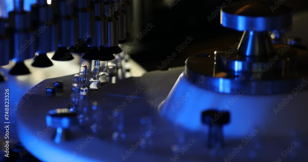 Close up on Vaccine Pharma production machine manufacturing a lot of injections in glass ampoule vial in a healthcare pharmaceutical factory making process blue light with latest hi tech machinery