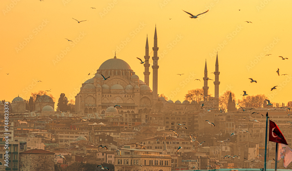 Istanbul Turkey. Silhouette of Fatih Mosque.the month of Ramadan