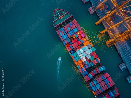 A sea container ship is unloaded at the port