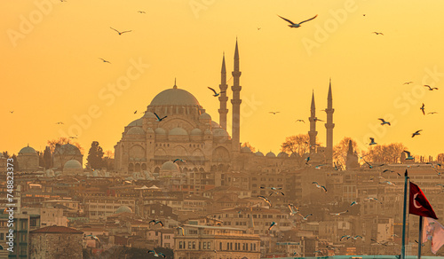 Istanbul Turkey. Silhouette of Fatih Mosque.the month of Ramadan photo