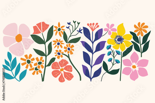 A set of fun flower and nature design elements. Flat hand drawn vector collection #748823505