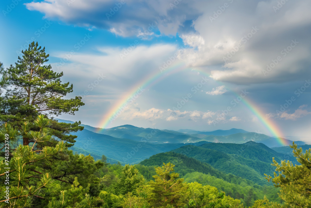 A breathtaking view of a double rainbow over lush green mountains, with pine trees in the foreground under a cloudy sky. A breathtaking view of a double rainbow over lush green mountains, with pine trees in the foreground under a cloudy sky.