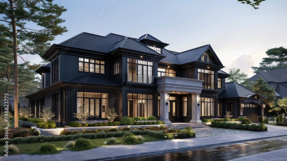 a two-story traditional house featuring a matte black exterior and charcoal grey roofing in a realistic photograph, enhance the home's majestic presence, a neatly landscaped front yard.